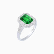 Art Deco Style Emerald Cut Ring with Calibre - Cut Baguette Diamond Halo - Shahin Jewelry